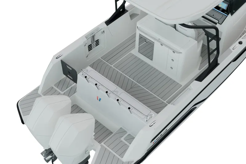 Slide: The Image of 2026 Wellcraft 28 Speedster boat interior with dual engines and sleek design. - 5