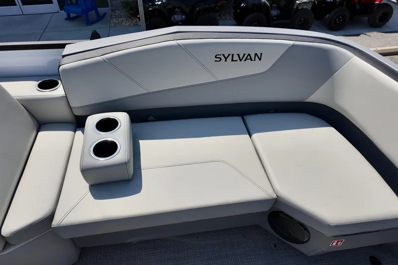 Slide: The Image of 2026 Sylvan A16 LZ boat interior with gray seating and cup holders. - 5