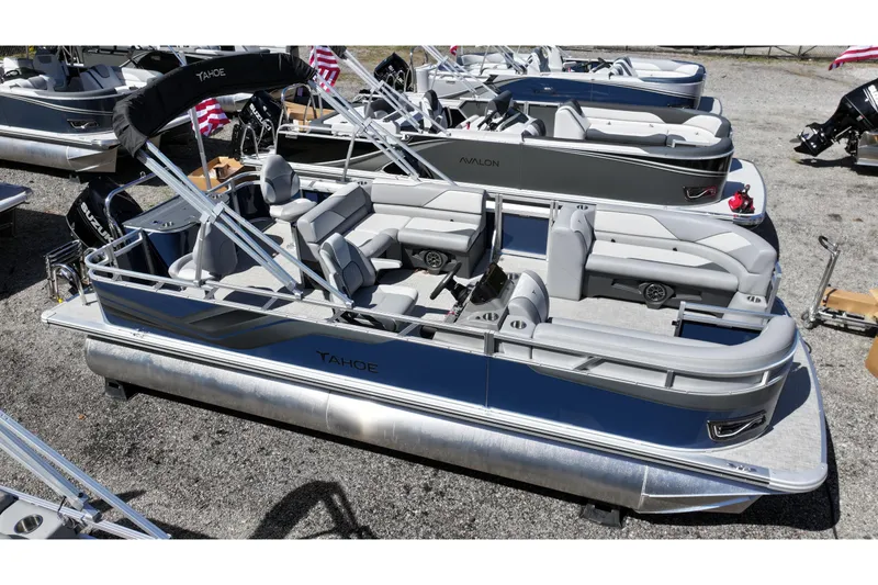 The Image of 2026 Tahoe Pontoon Sport 85 Rear Fish boat displayed outdoors. - 0