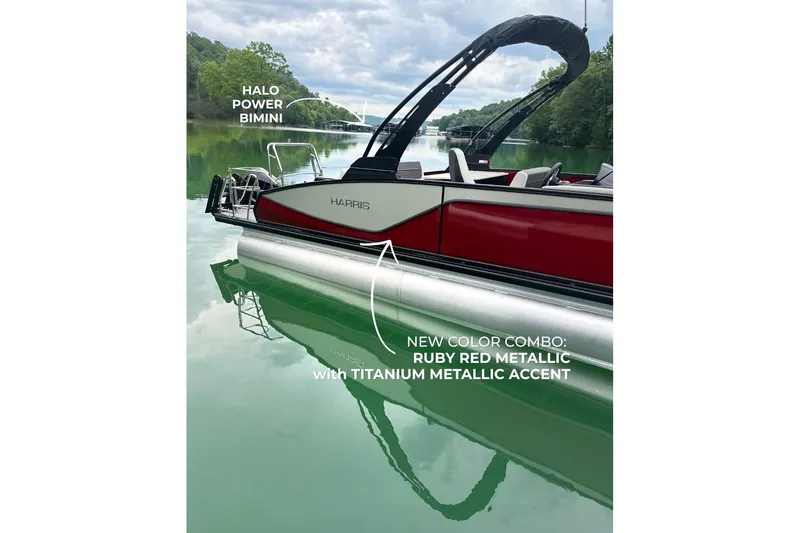 Slide: The Image of 2026 Harris Sunliner 250 SLE pontoon boat with Halo Power Bimini, ruby red and titanium metallic accents. - 15