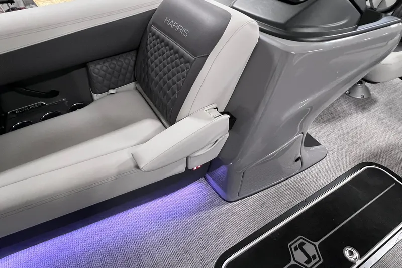 Slide: The Image of Luxurious interior of 2026 Harris Sunliner 250 SLE with elegant seating and ambient lighting. - 35
