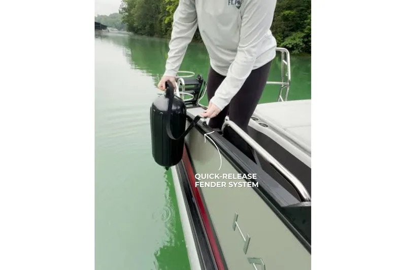 Slide: The Image of 2026 Harris Sunliner 250 SLE with quick-release fender system on a serene lake. - 56