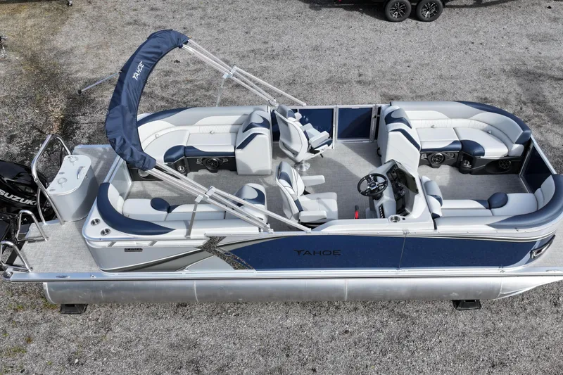 Slide: The Image of 2026 Tahoe Pontoon LTZ Quad Lounger, top view, spacious seating, modern design. - 6