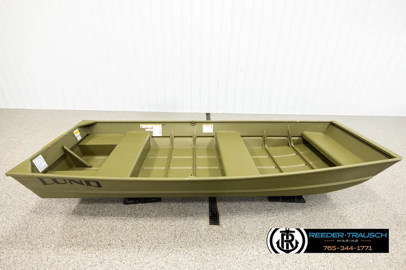 The Image of 2025 Lund 1240 boat in showroom, olive green, side view. - 1