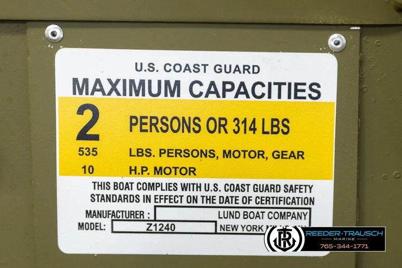 Slide: The Image of U.S. Coast Guard capacity label for Lund 1240, 2025 model, 2 persons or 314 lbs. - 20
