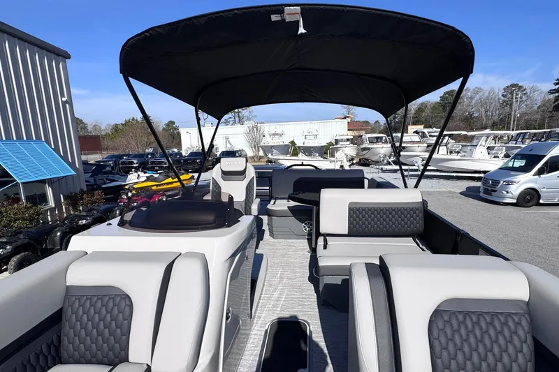 Slide: The Image of 2026 Sylvan L3 CLZ pontoon boat with spacious seating and canopy in a marina setting. - 26