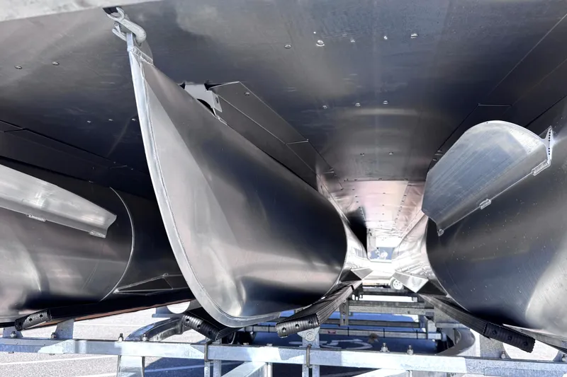 Slide: The Image of Underneath view of 2026 Sylvan L3 CLZ boat hull on a trailer. - 6