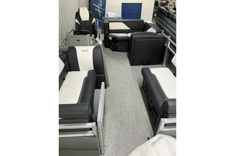 Slide: The Image of 2026 Avalon Venture Cruise Rear Bench pontoon boat interior with stylish seating. - 3
