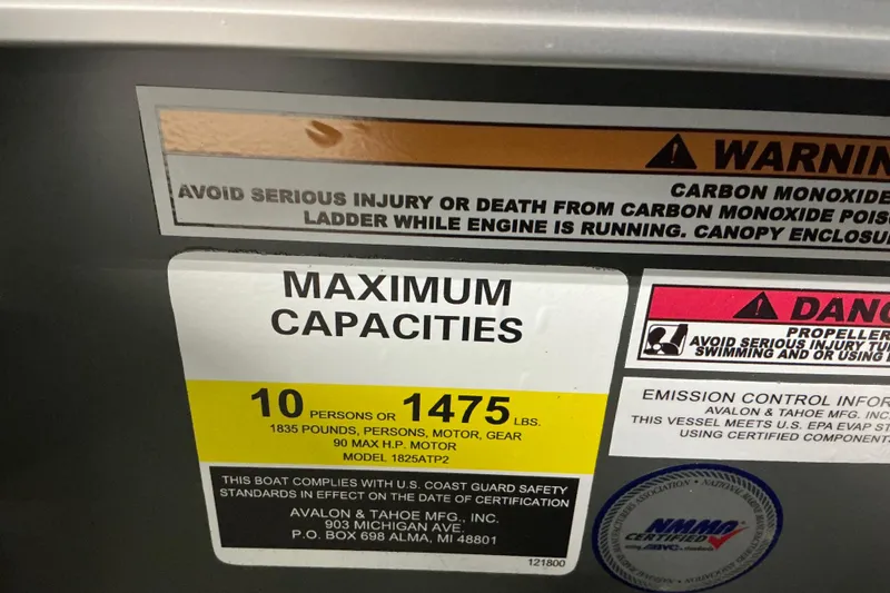 Slide: The Image of 2026 Avalon Venture 19 CRB capacity label, warning of carbon monoxide and propeller dangers. - 5