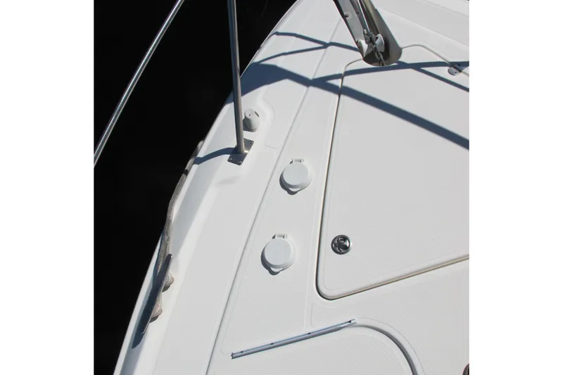 Slide: The Image of 2006 Cruisers Yachts 385 Motoryacht deck detail with fittings and railing. - 61
