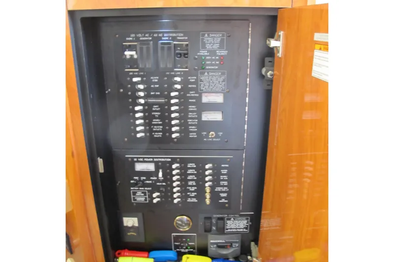 Slide: The Image of Electrical panel inside 2006 Cruisers Yachts 385 Motoryacht, showcasing circuit breakers and controls. - 25