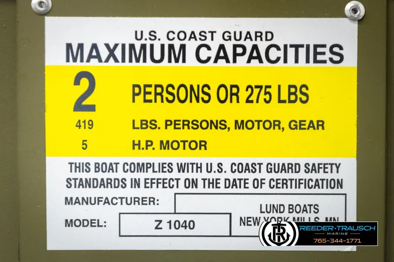 Slide: The Image of U.S. Coast Guard capacity label for Lund 1040 boat, 2 persons or 275 lbs, 2026 model. - 20