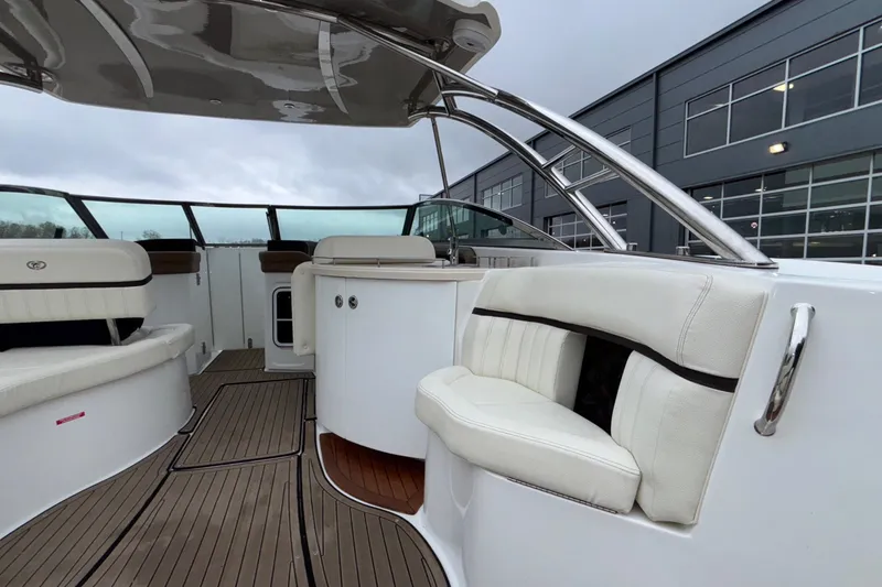 Slide: The Image of Luxurious interior of 2022 Cobalt R35 boat with white seating and sleek design. - 17