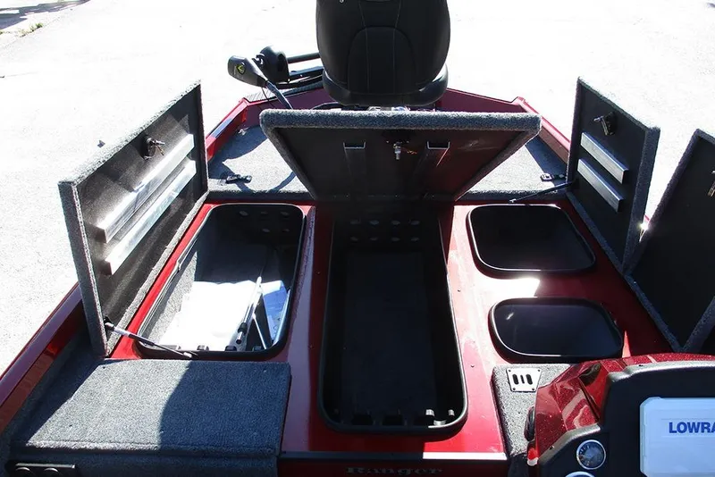 Slide: The Image of 2026 Ranger RT188P Fishing boat storage compartments and seating area. - 11