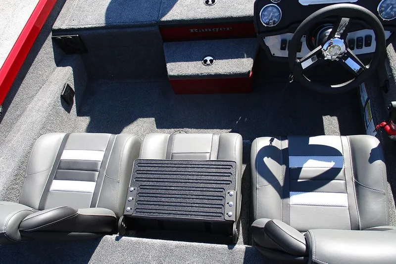 Slide: The Image of 2026 Ranger RT188P Fishing boat interior with gray seats and steering wheel. - 18