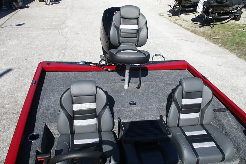 Slide: The Image of 2026 Ranger RT188P Fishing boat interior with gray seating and red trim. - 20