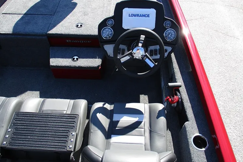 Slide: The Image of 2026 Ranger RT188P Fishing boat interior with steering wheel and seating. - 26