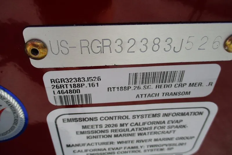 Slide: The Image of 2026 Ranger RT188P Fishing boat identification and emissions control information. - 28