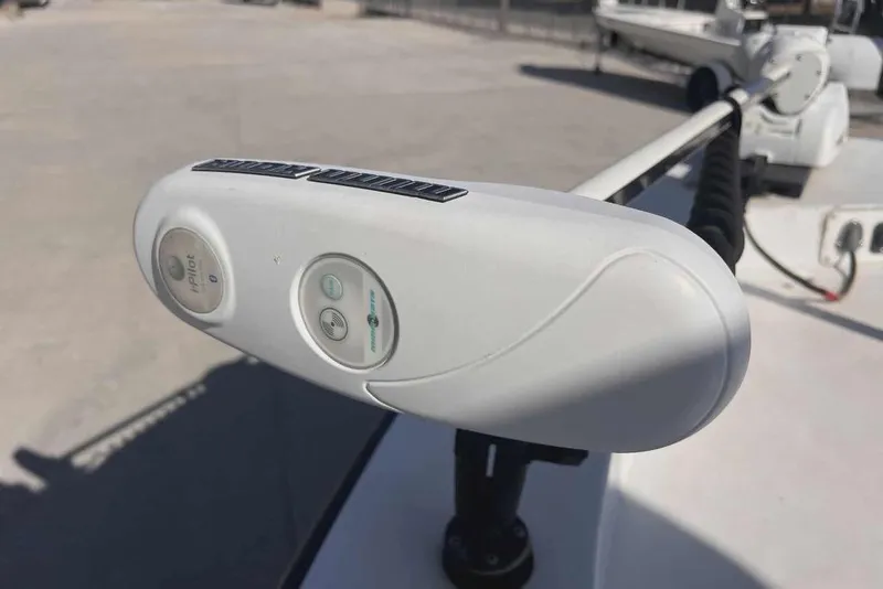 Slide: The Image of Minn Kota trolling motor on 1997 Gravois 20CC boat, mounted on deck. - 14