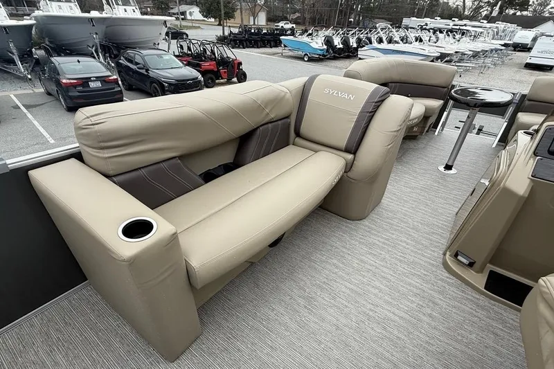 Slide: The Image of Luxurious seating on 2026 Sylvan Mirage 822 PARTY FISH pontoon boat, featuring cup holders. - 20