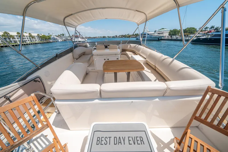 Slide: The Image of Luxurious 2008 Princess 58 Flybridge yacht with spacious seating and scenic water views. - 48