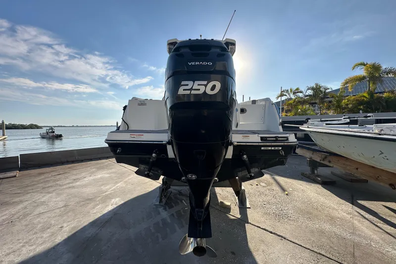 Slide: The Image of 2018 Blackfin 212 CC boat with 250 Verado engine, docked by the water. - 11