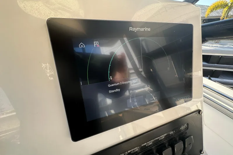 Slide: The Image of Raymarine display on 2018 Blackfin 212 CC boat, showing Quantum 2 Doppler radar in standby mode. - 39