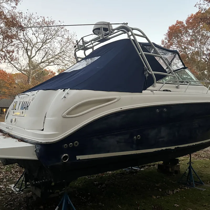 Slide: The Image of 2005 Sea Ray 290 Amberjack boat on stands, covered, with autumn trees in the background. - 2