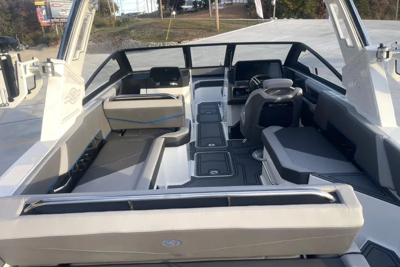 Slide: The Image of 2023 Cobalt R6 Surf boat interior with modern seating and sleek design. - 14