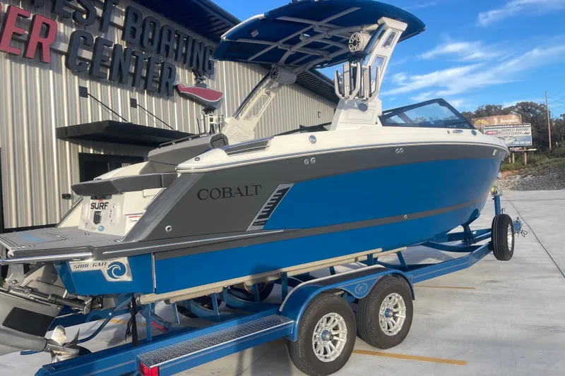 Slide: The Image of 2023 Cobalt R6 Surf boat in blue on trailer at Midwest Boating Center. - 4