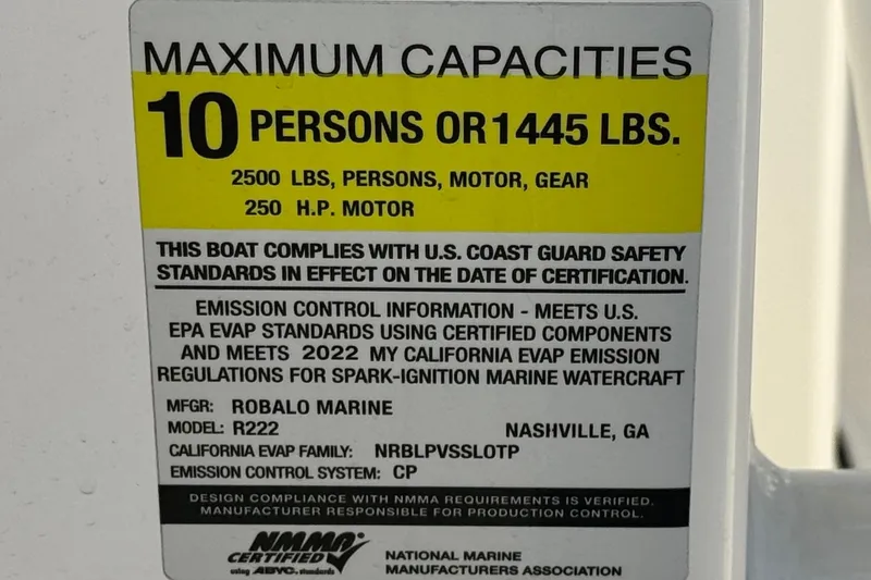 Slide: The Image of 2022 Robalo R222 Center Console capacity label, 10 persons or 1445 lbs, 250 HP motor. - 36