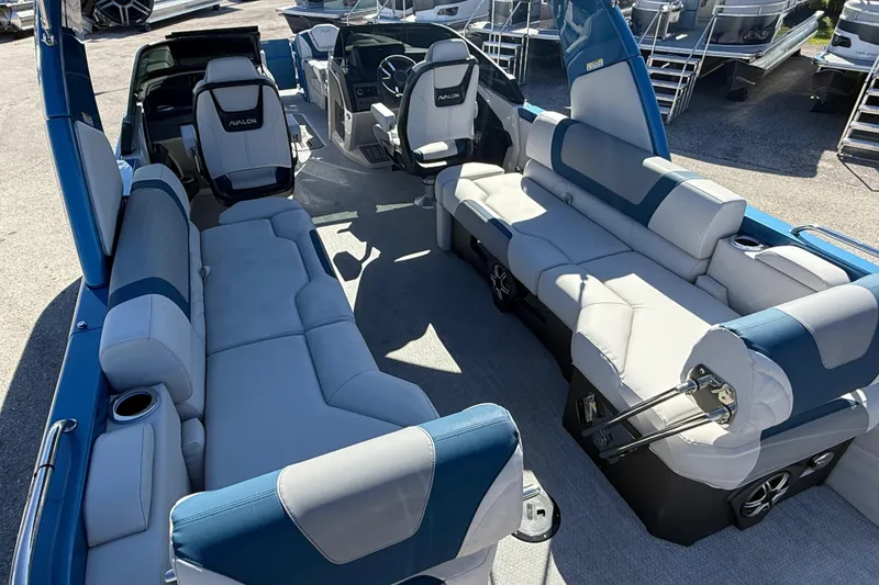 Slide: The Image of Luxurious 2026 Avalon 2585 Excalibur boat interior with plush seating and modern design. - 13