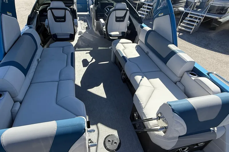 Slide: The Image of Luxurious interior of 2026 Avalon 2585 Excalibur pontoon boat with spacious seating. - 14