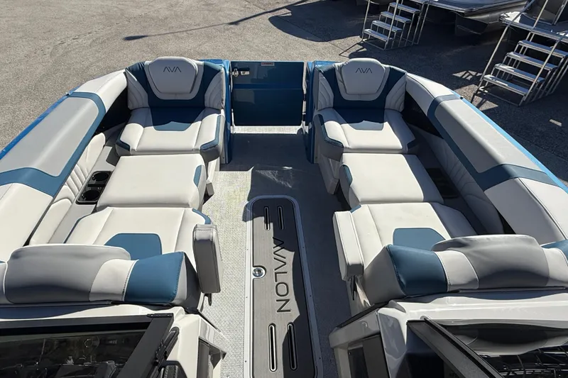 Slide: The Image of Luxurious 2026 Avalon 2585 Excalibur boat interior with quad loungers and premium seating. - 16