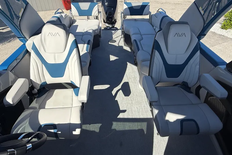 Slide: The Image of 2026 Avalon 2585 Excalibur boat interior with luxurious seating and modern design. - 21
