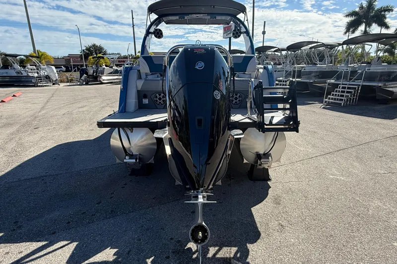 Slide: The Image of 2026 Avalon 2585 Excalibur Tri-toon with Mercury 400hp V-10 engine, rear view. - 9