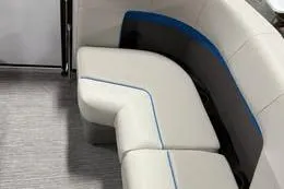 Slide: The Image of Luxurious seating in 2025 Qwest Lanai E-Class ACT Tripletoon boat. - 2