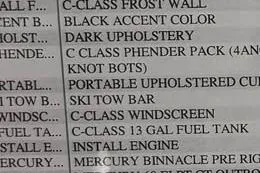 Slide: The Image of 2026 Qwest C-Class 18 Cruise features list with upholstery and accessories. - 7