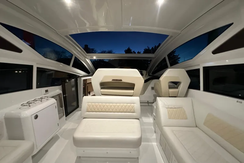 Slide: The Image of Luxurious interior of 2019 Beneteau Gran Turismo 40 yacht at dusk. - 18