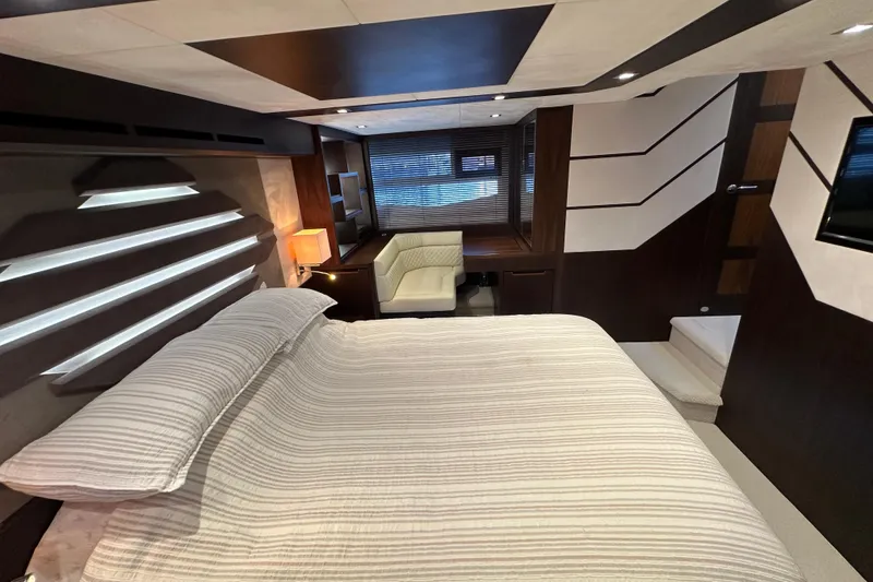 Slide: The Image of Luxurious bedroom interior of 2017 Galeon 560 Sky yacht with modern design elements. - 27