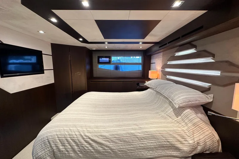 Slide: The Image of Luxurious bedroom interior of 2017 Galeon 560 Sky yacht with modern design and ambient lighting. - 29