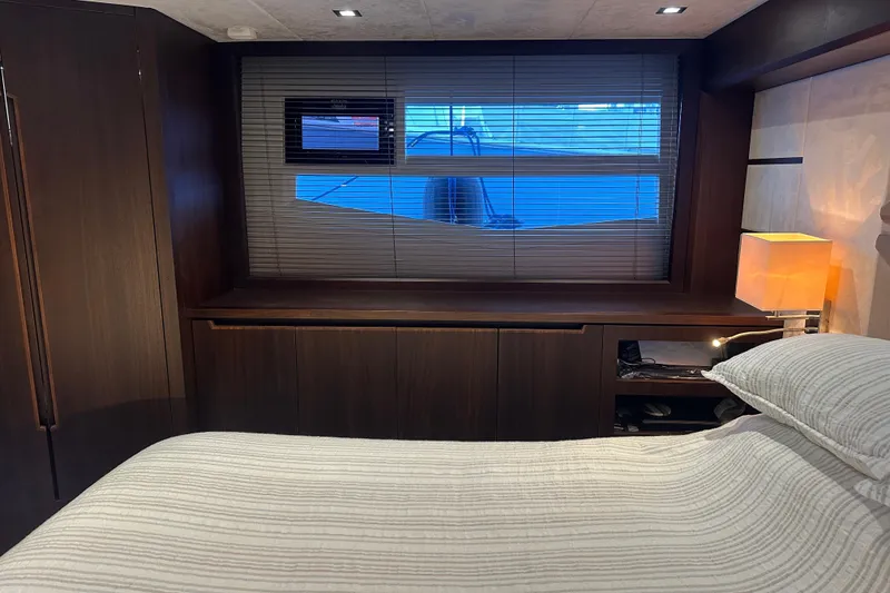 Slide: The Image of Luxurious bedroom interior of 2017 Galeon 560 Sky yacht with modern furnishings. - 30