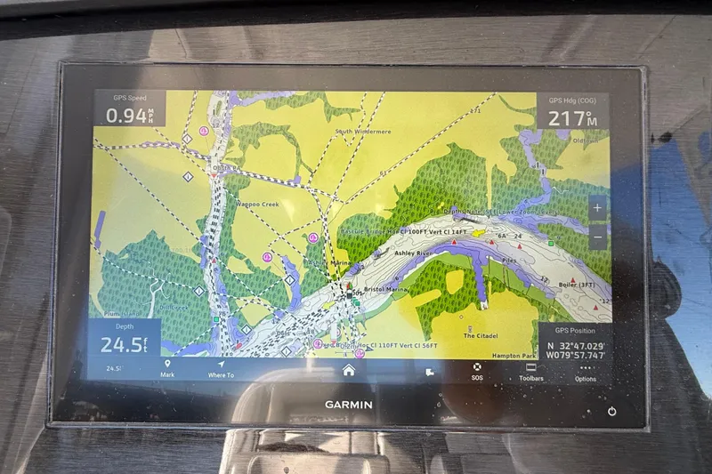 Slide: The Image of Garmin GPS display on 2022 Regulator 34 boat showing navigation map and data. - 9