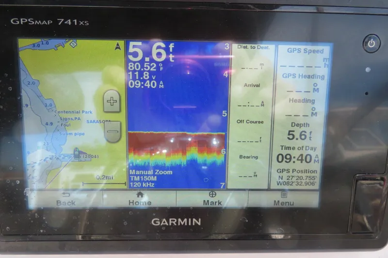 Slide: The Image of Garmin GPS display on 2015 Sea Fox 226 Traveler, showing depth and location data. - 26