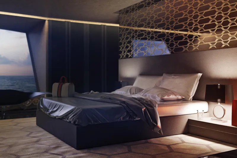 The Image of Luxurious bedroom interior on 2026 Sunreef 210 Power Trimaran yacht, featuring modern design and ocean view. - 1