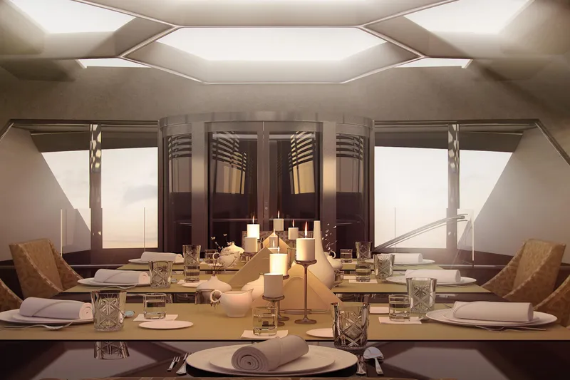 Slide: The Image of Luxurious dining area inside 2026 Sunreef 210 Power Trimaran yacht, featuring elegant table settings. - 3