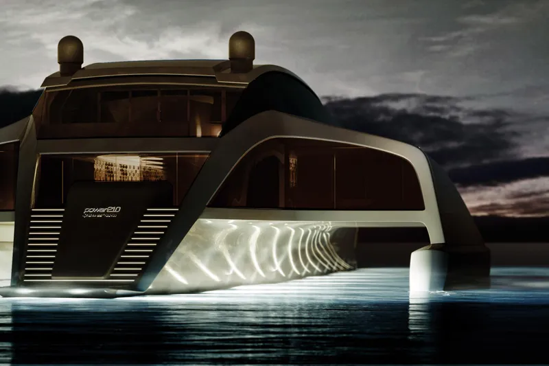 Slide: The Image of Futuristic 2026 Sunreef 210 Power Trimaran yacht illuminated at dusk on water. - 4