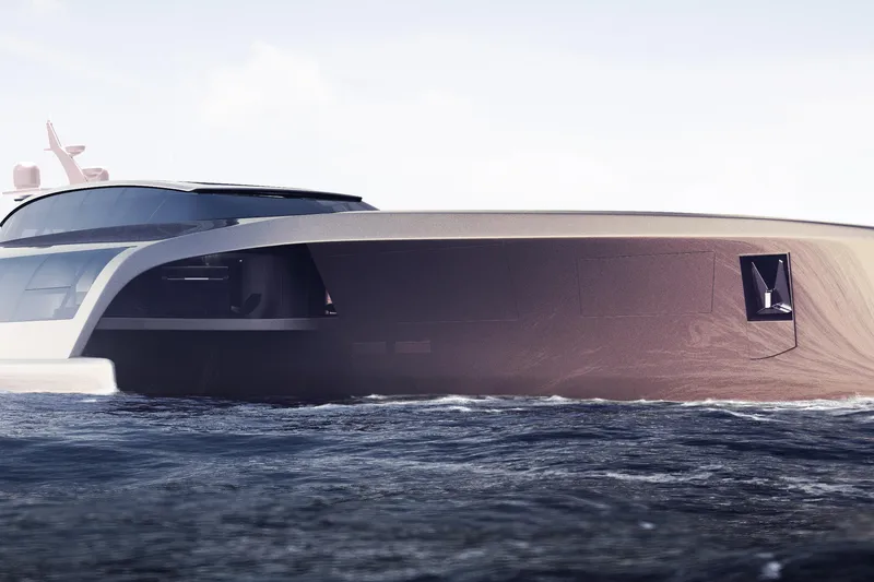 Slide: The Image of Futuristic 2026 Sunreef 210 Power Trimaran yacht on open water. - 5