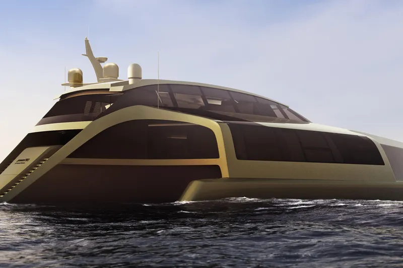 Slide: The Image of Luxurious 2026 Sunreef 210 Power Trimaran yacht on open water, sleek modern design. - 6