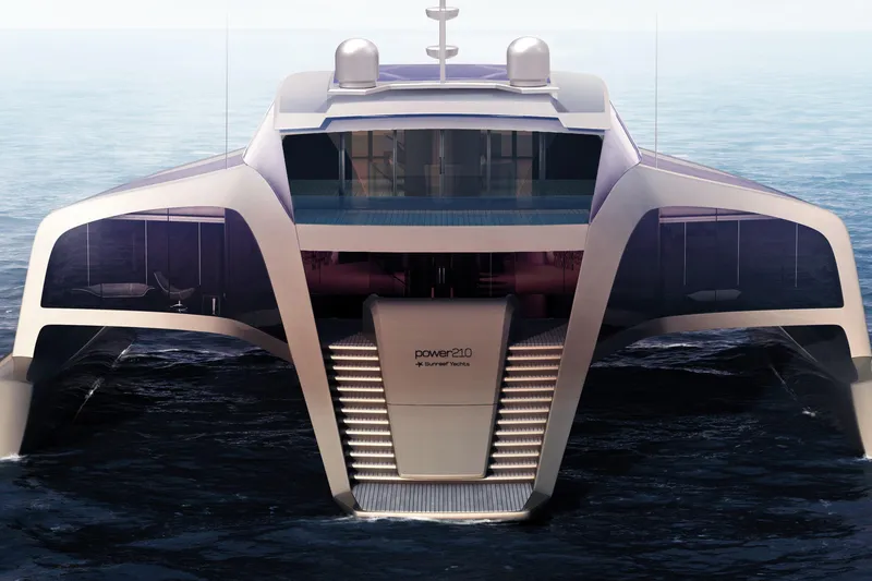 Slide: The Image of 2026 Sunreef 210 Power Trimaran yacht on open water, showcasing modern design and luxury. - 7